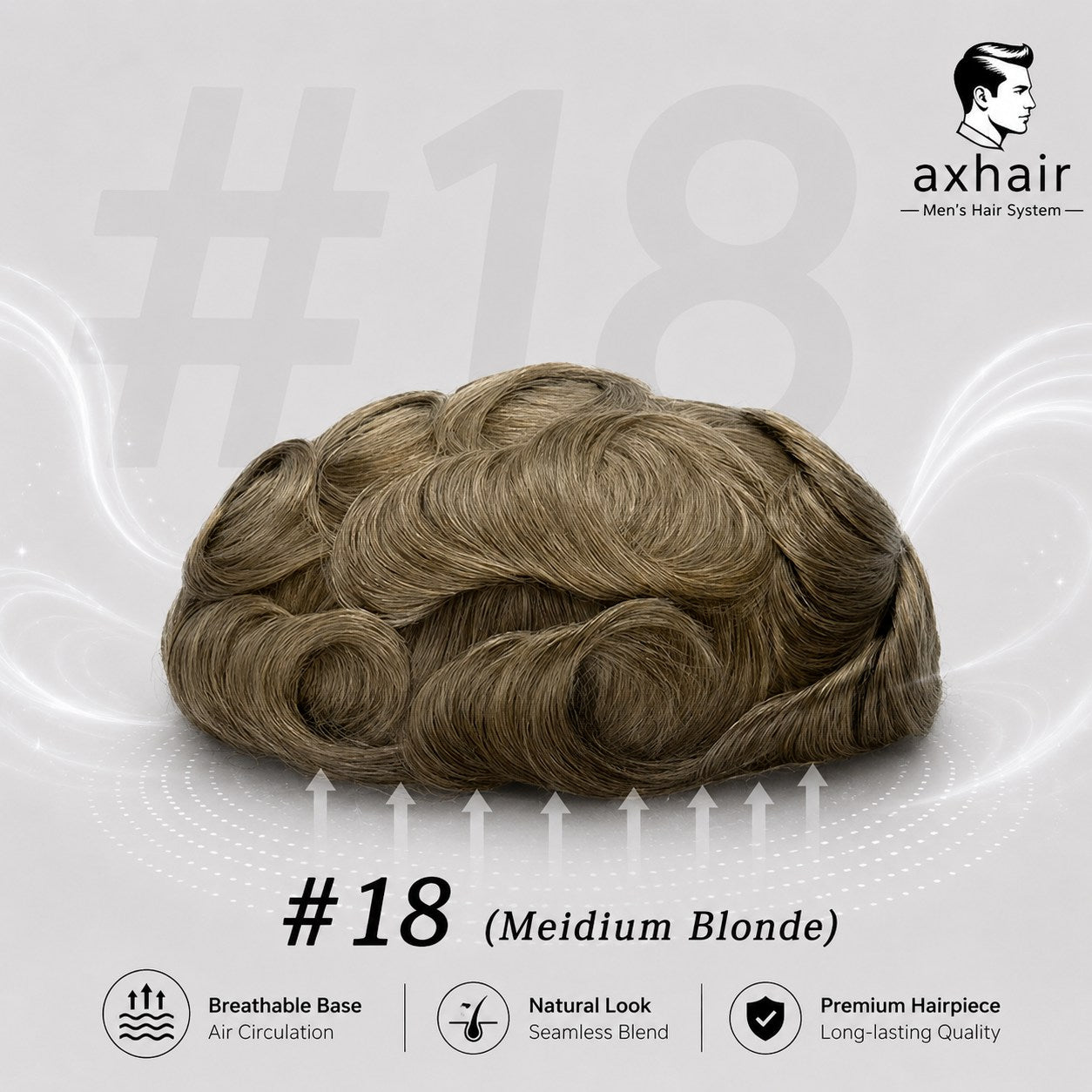 Men's full toupee with medium blonde wavy hair, thin skin base, single knots